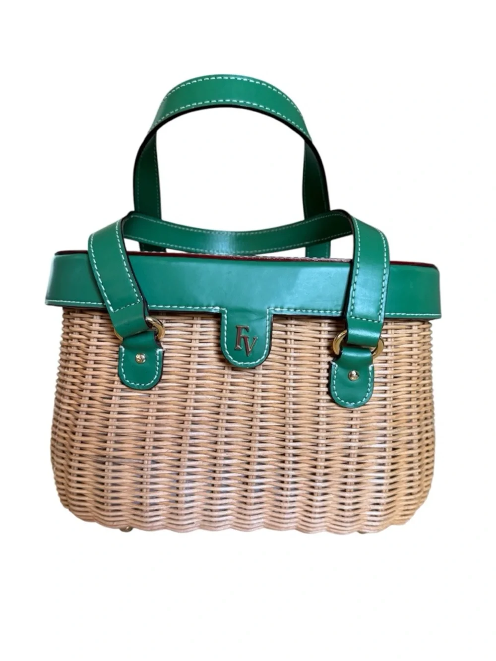 Frances Valentine Willow Wicker Basket Satchel Bag Natural and Green - Picture 2 of 11